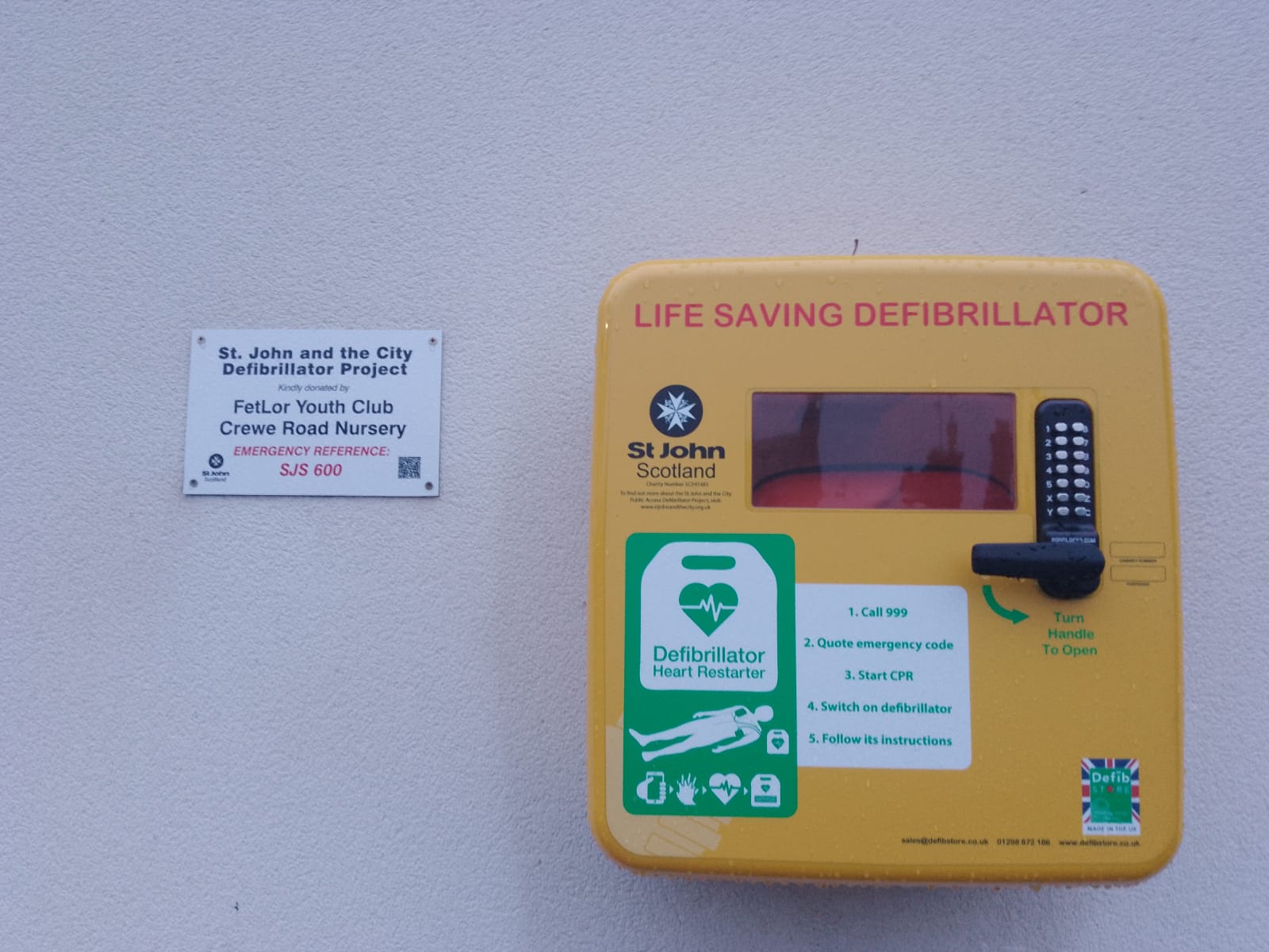 New Defibrillator in Fetlor Youth Club, Edinburgh St John Scotland